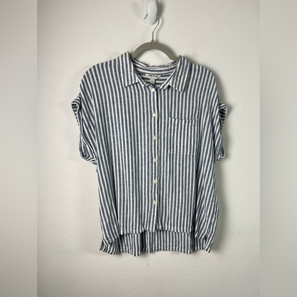 Orvis Rayon Linen Blue White Striped Sleeveless Button Down Vacation beach